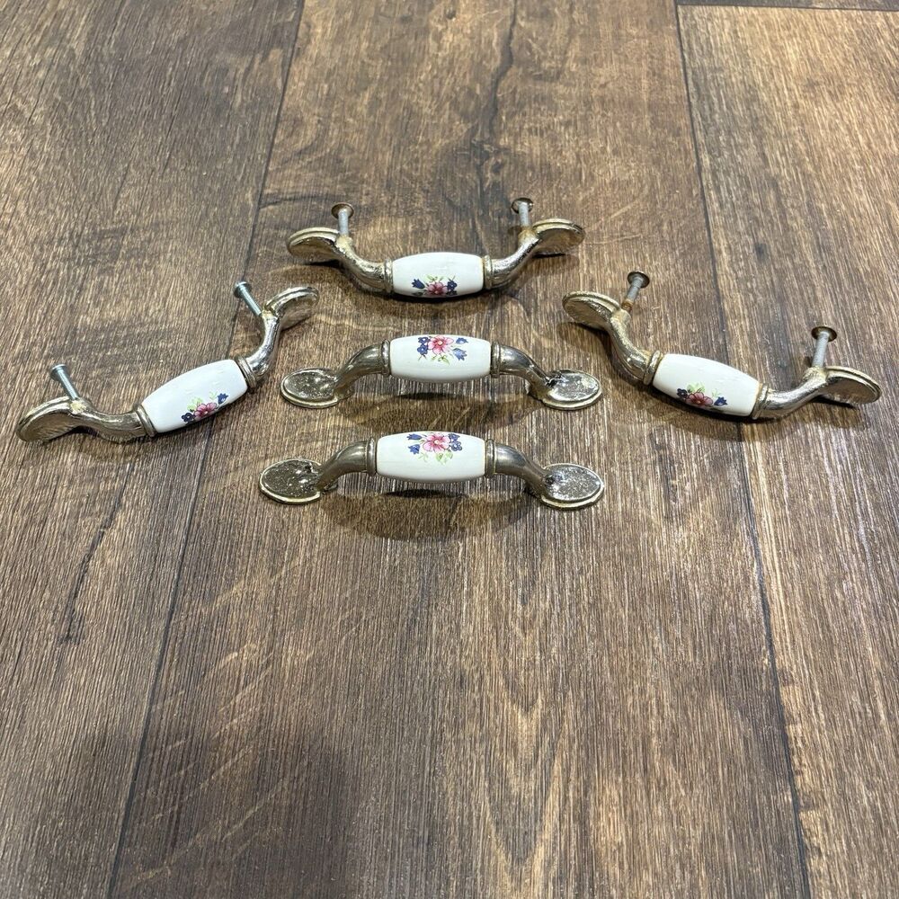Set of 5 Vintage Floral Porcelain Cabinet Pulls Shabby Chic Drawer Handles
